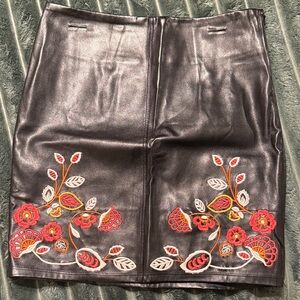 Elegant Floral Embroidered Leather Pencil Skirt